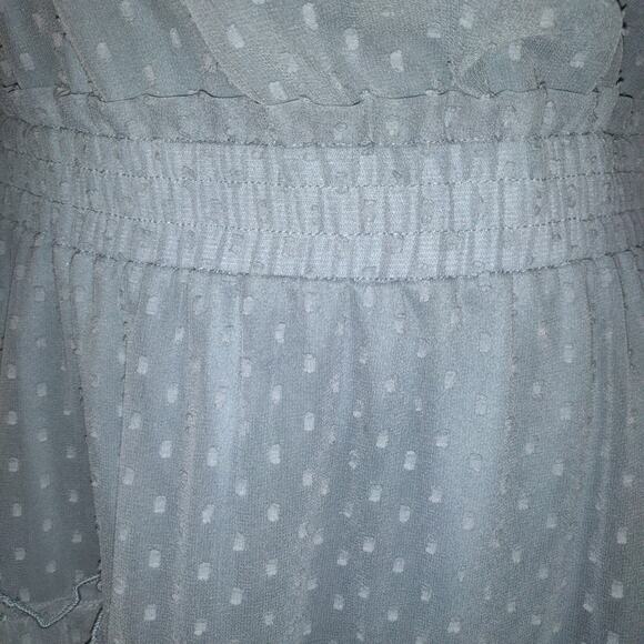 Express Blue Mini Dress SMALL Tiered Ruffles Swiss Squares Sheer Lined Keyhole - Picture 4 of 16
